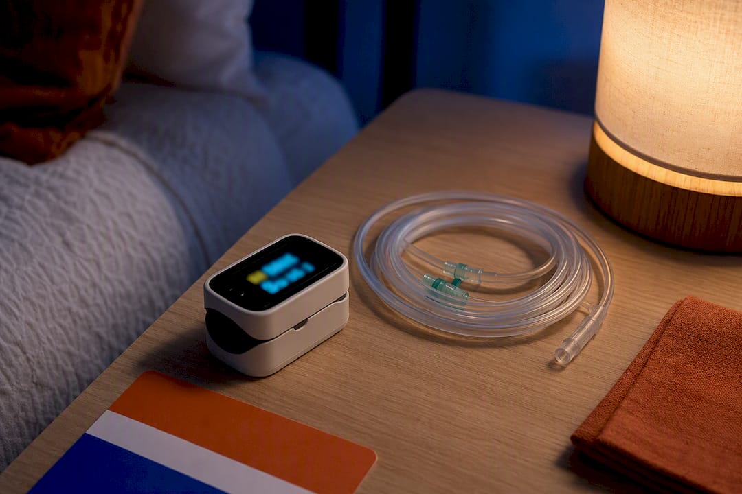 Pulse oximeter beside home oxygen tubing