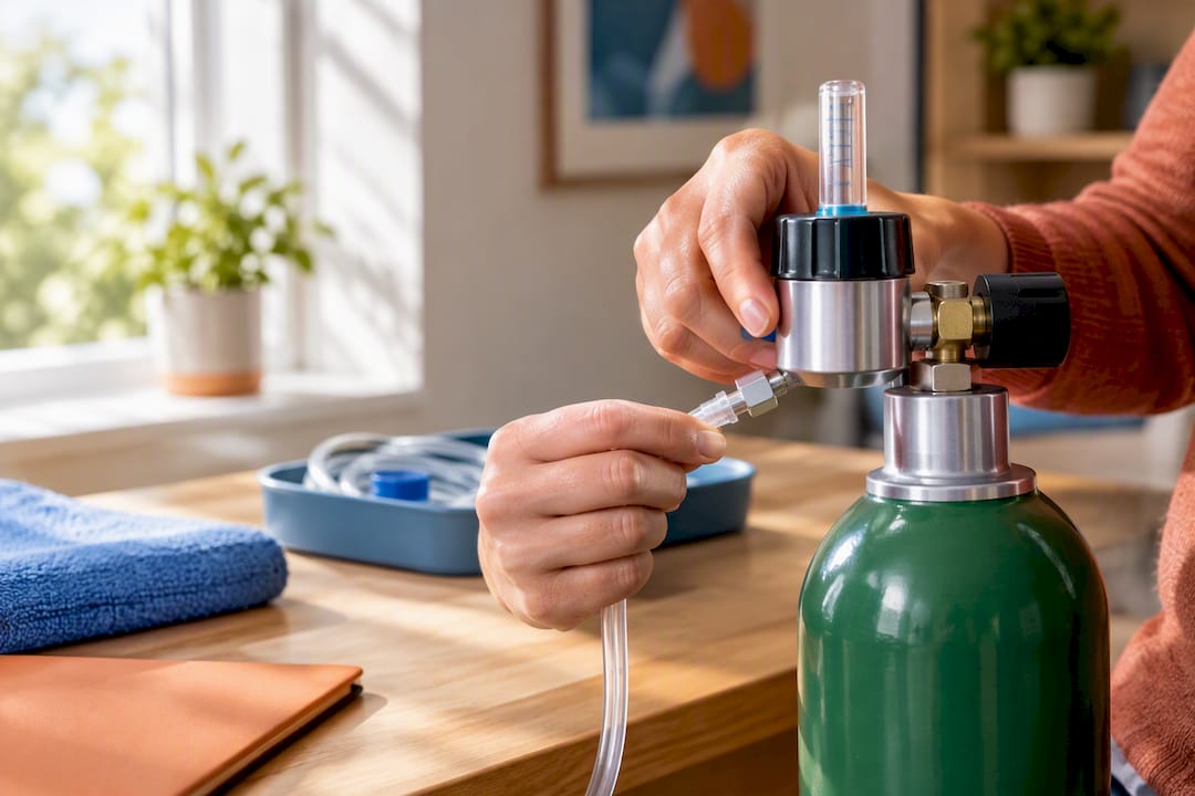 Caregiver practicing oxygen regulator change