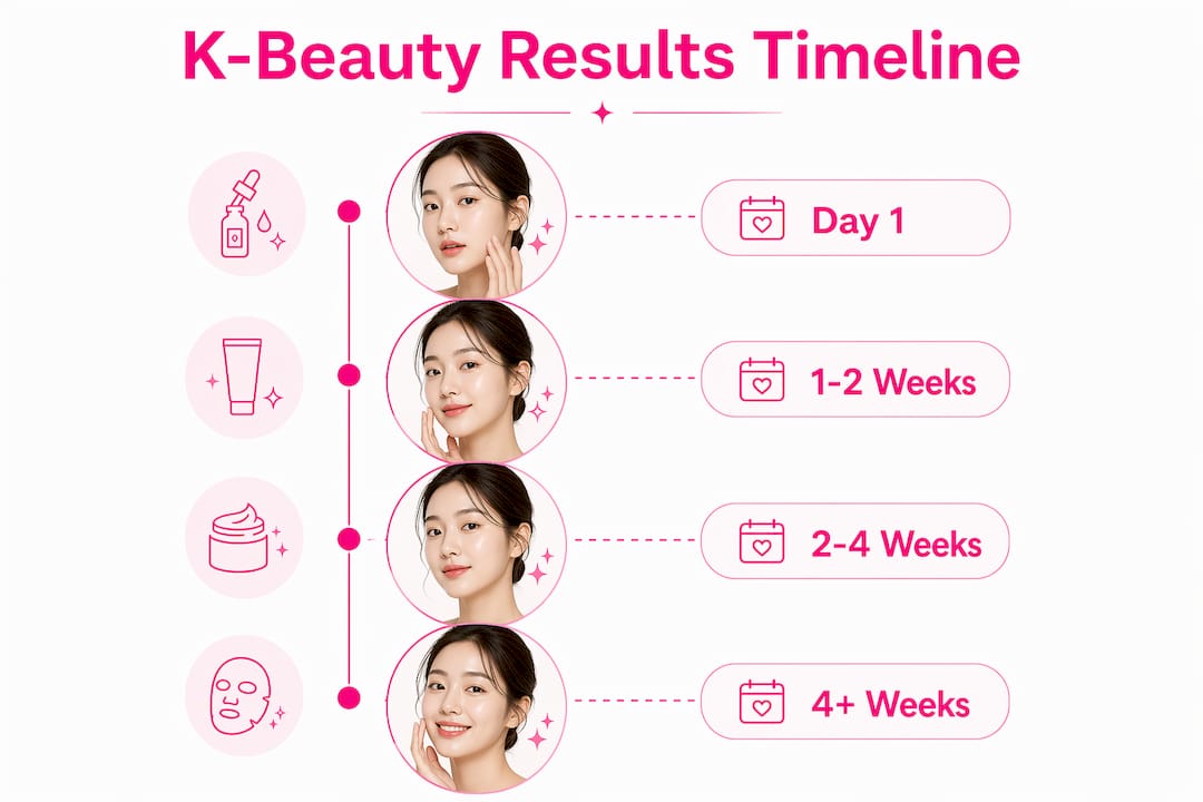Infographic showing timeline for K-beauty product skin results