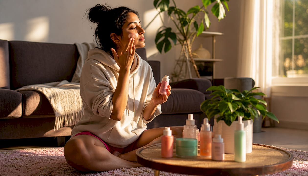 Hands applying K-beauty cream at vanity table