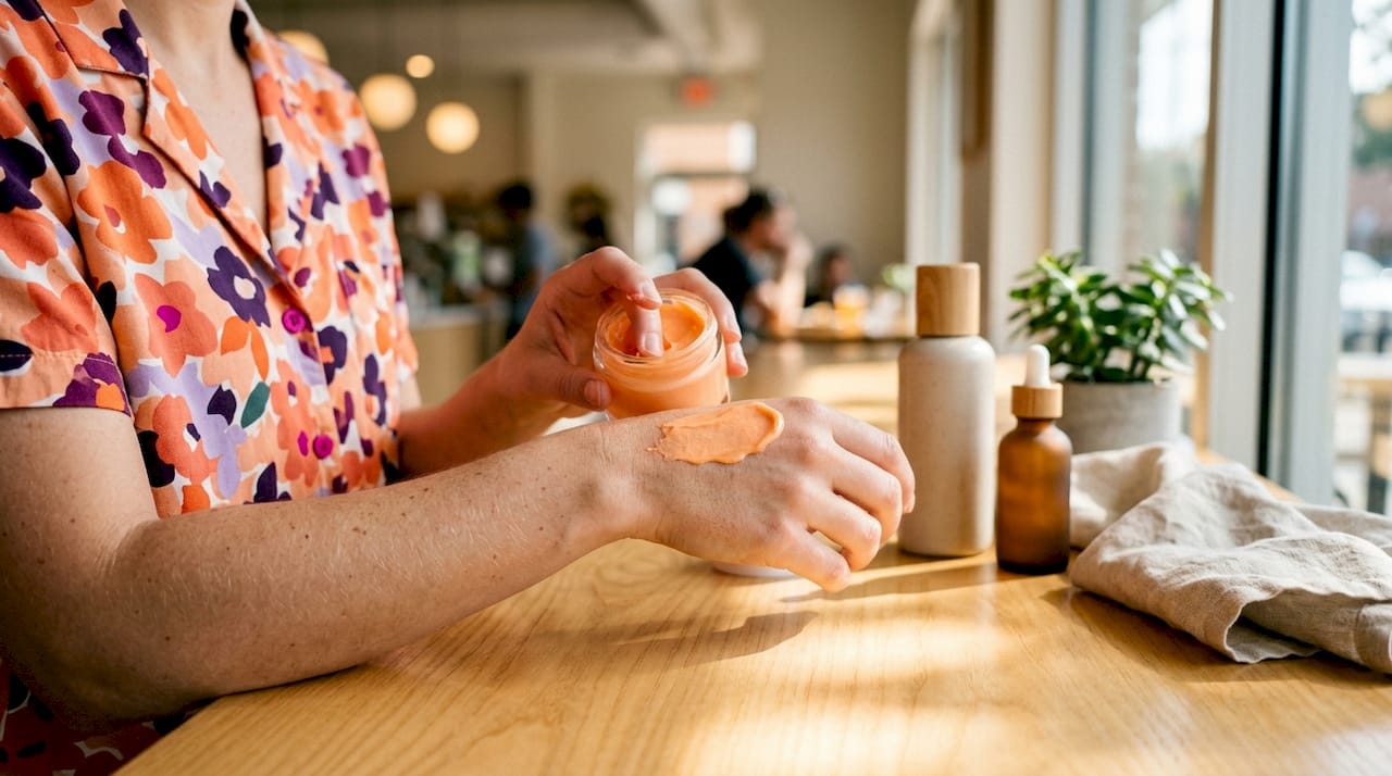 Close-up of beauty influencer demonstrating skincare