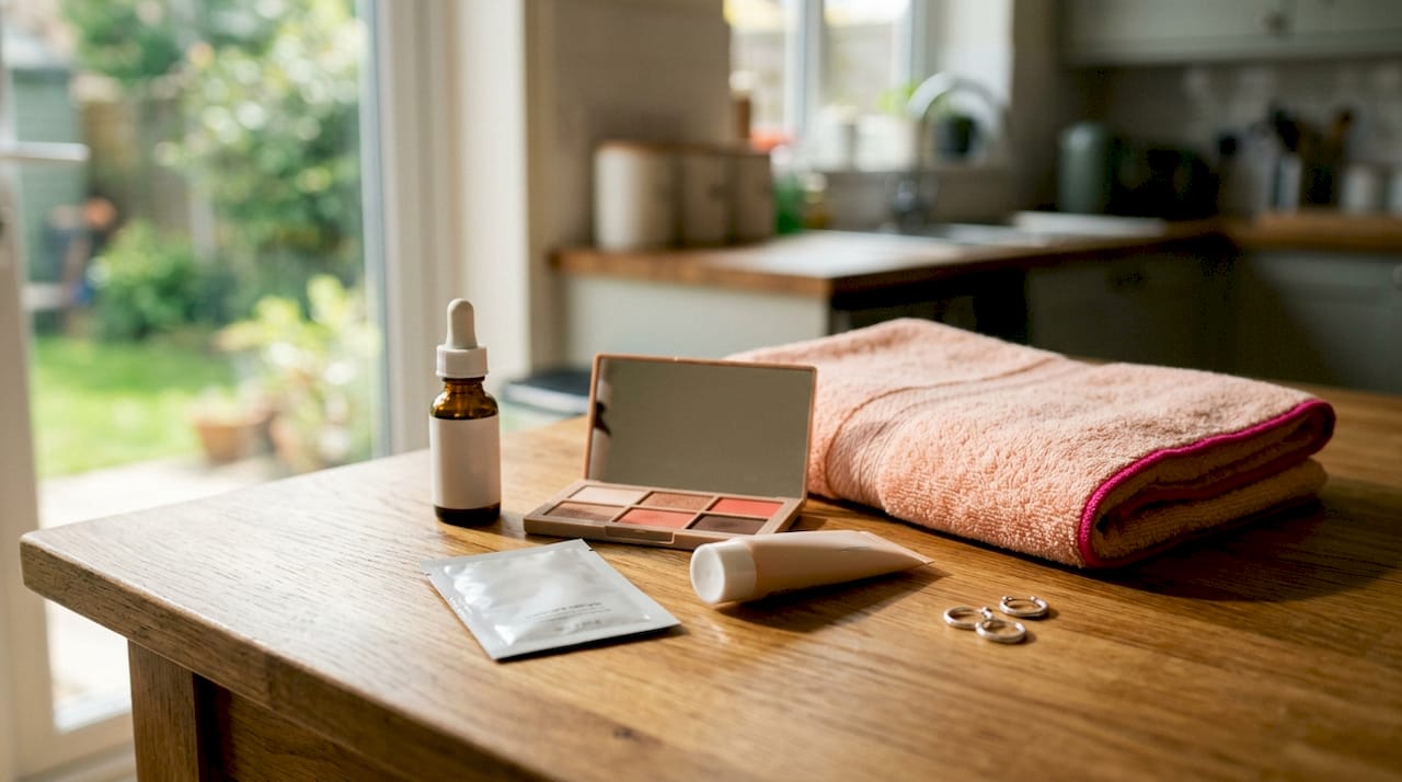 Flat lay of curated beauty box products on vanity