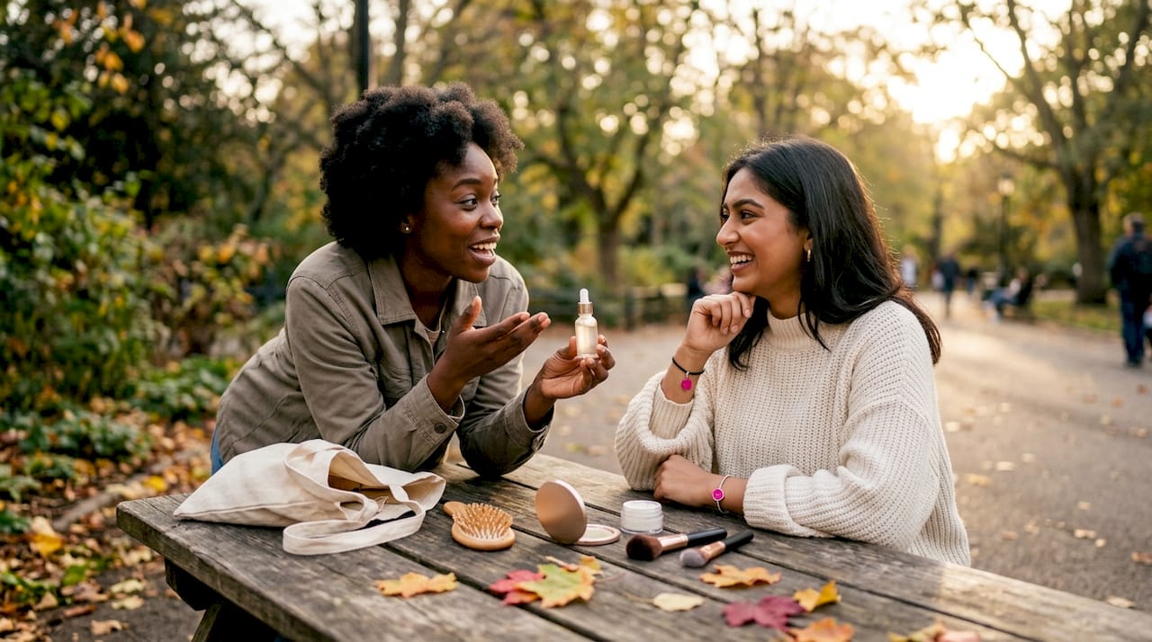 Two micro-influencers discussing beauty products in kitchen