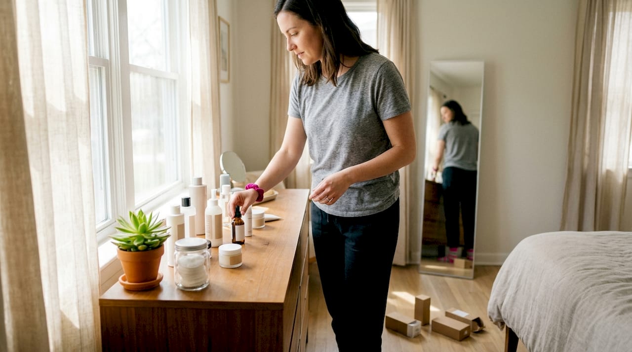 Hands selecting personalized skincare products on vanity