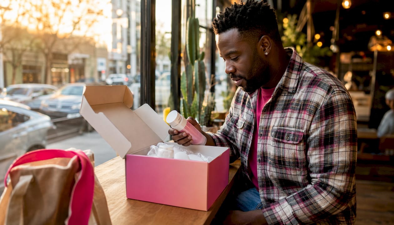 Man unpacking K-beauty products indoors