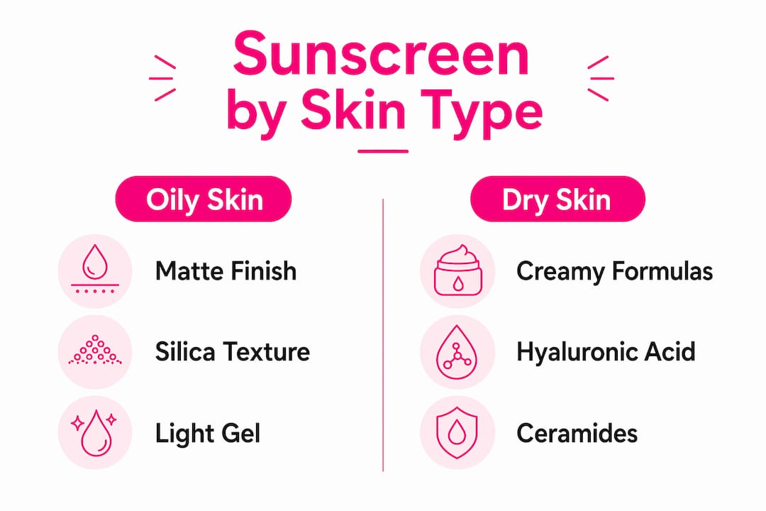Infographic comparing sunscreen types for oily and dry skin