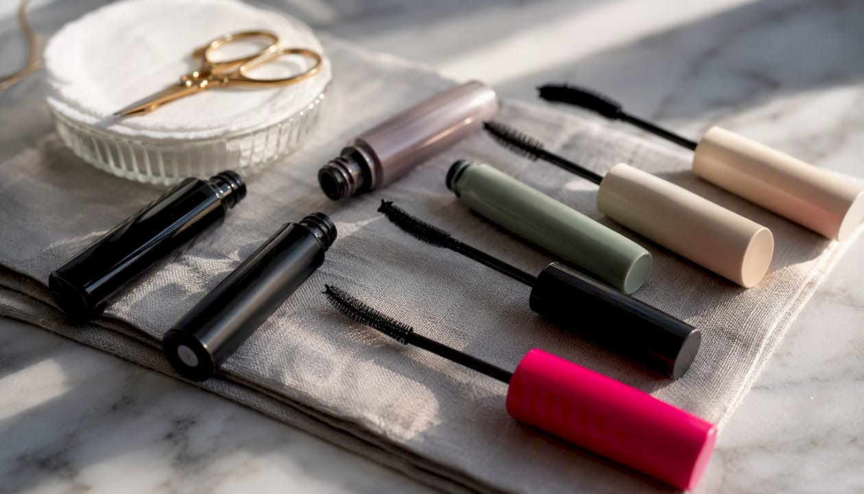 Different types of Korean mascara brushes flat lay