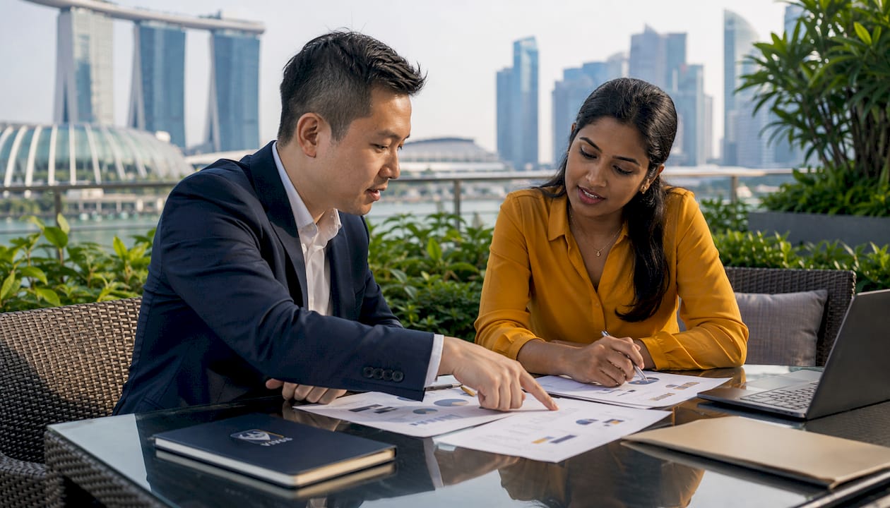 Two professionals discussing VC firm comparison charts