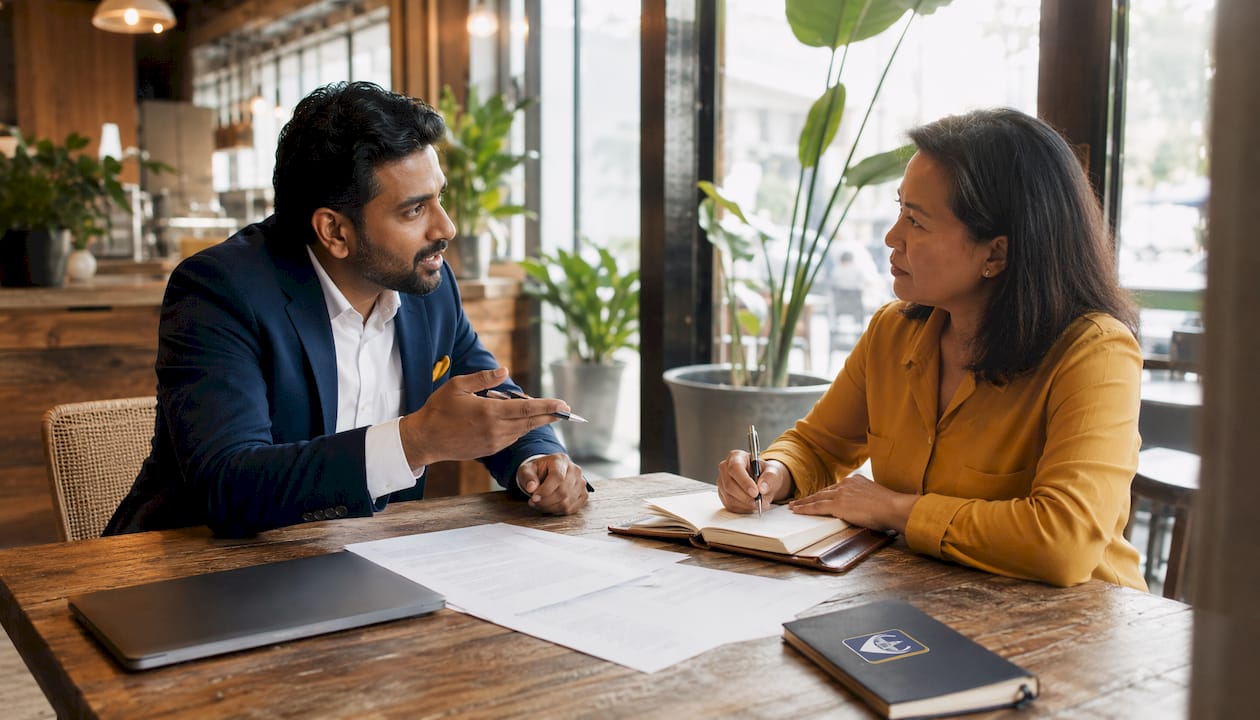 Startup founder consulting corporate advisor in private office