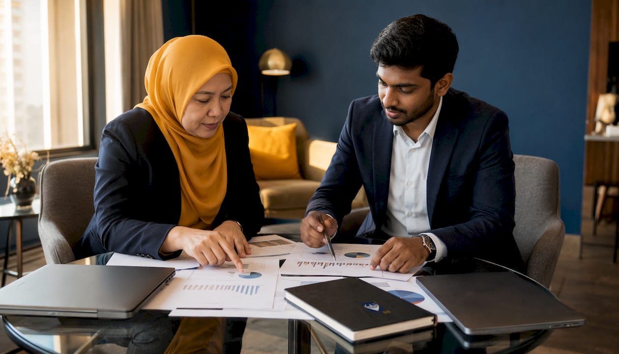 Two professionals reviewing company financials