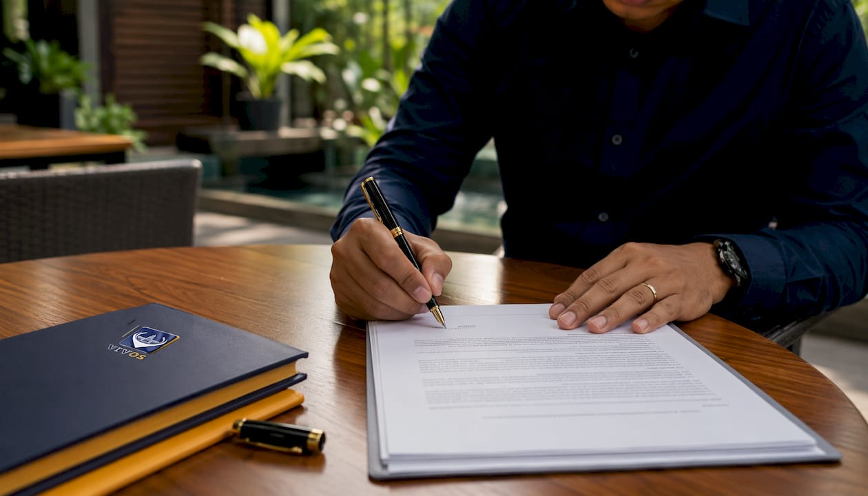 Hands signing purchase agreement document