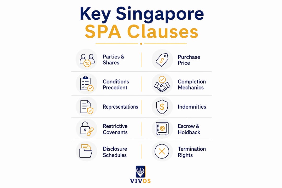 Infographic showing key clauses of Singapore share purchase agreement