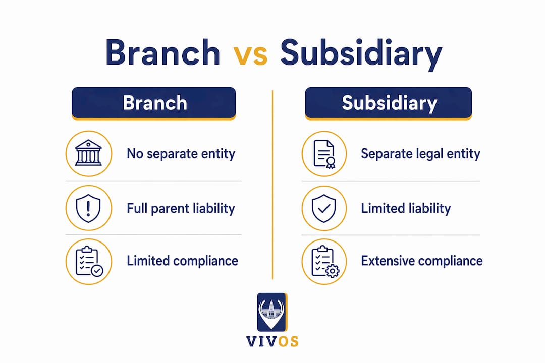 Infographic comparing branch and subsidiary structures