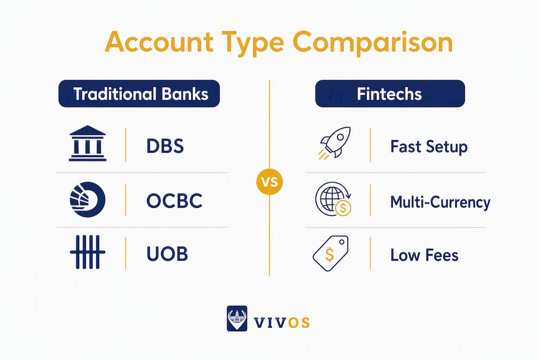 Infographic comparing traditional banks versus fintech accounts in Singapore