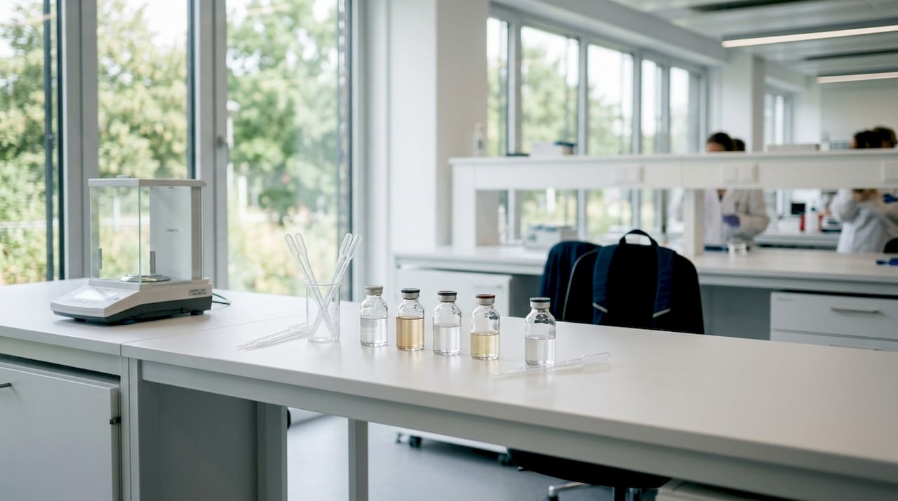 Close-up of peptide solvents vials on lab bench