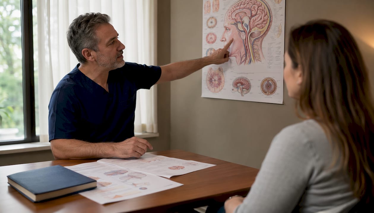 Clinician consulting patient on migraine research