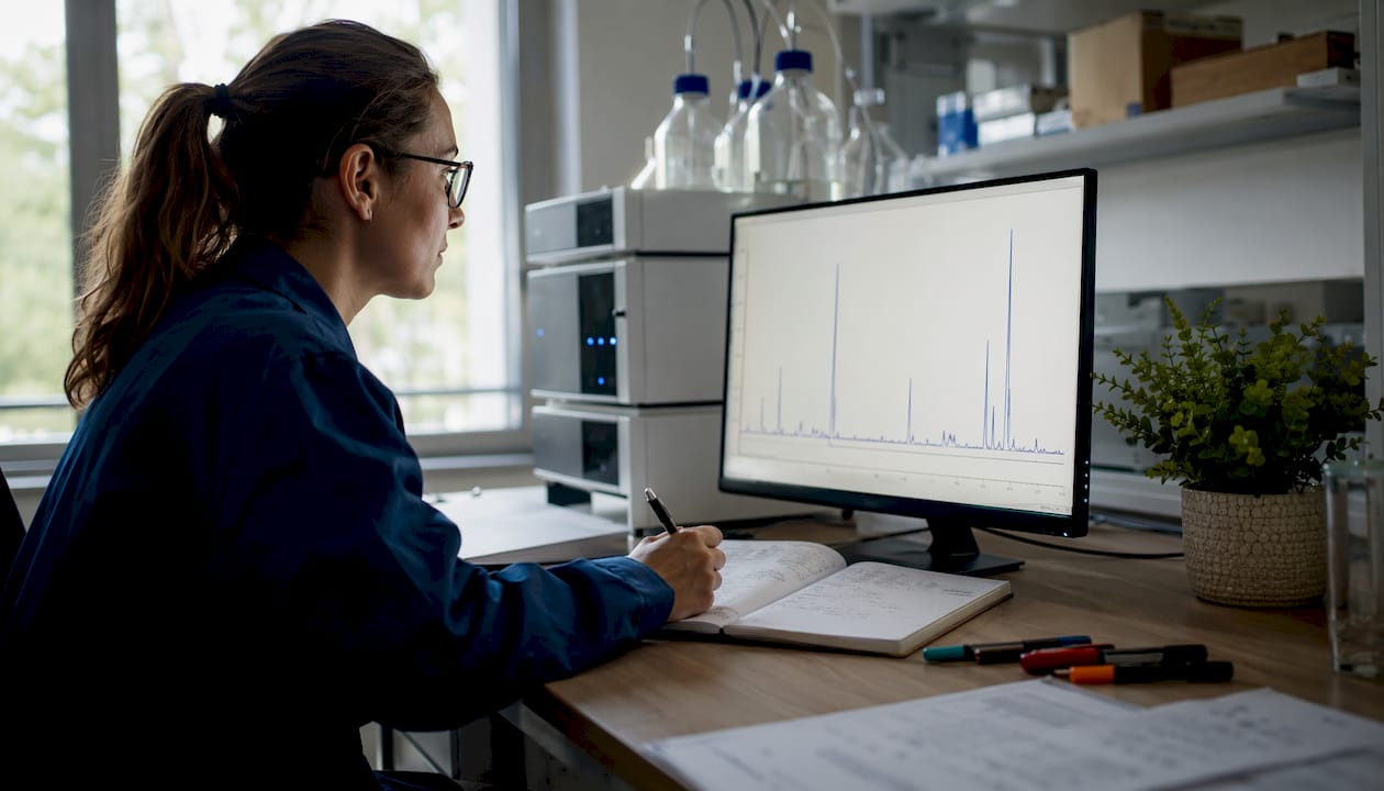 Scientist analyzing HPLC purity chromatogram