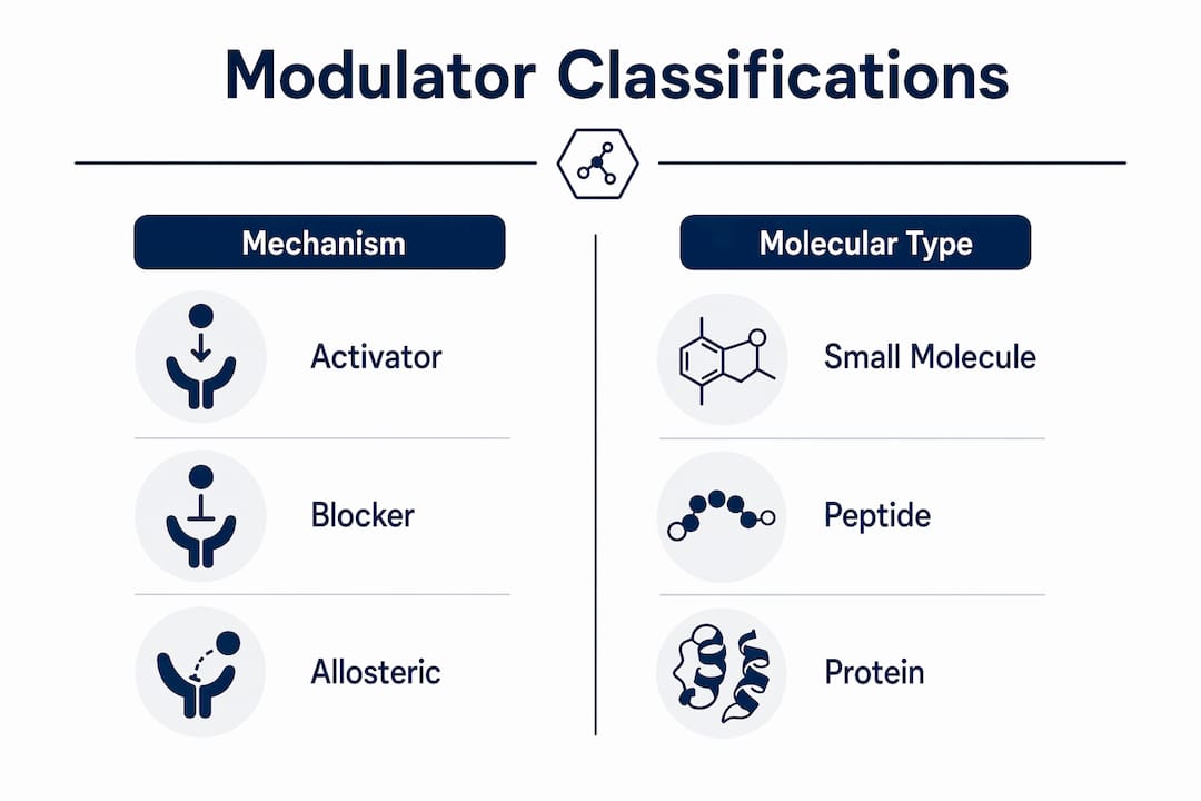 Infographic comparing ion channel modulator mechanisms and types