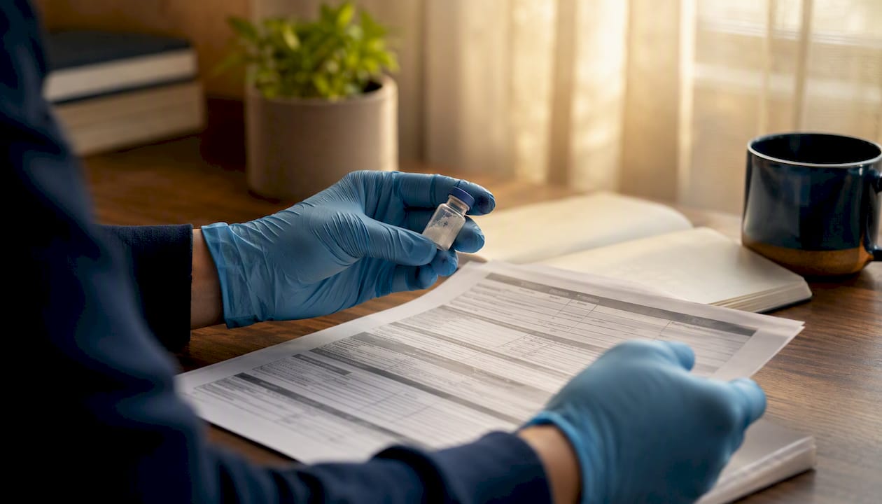 Hands comparing peptide vial lot number with COA document