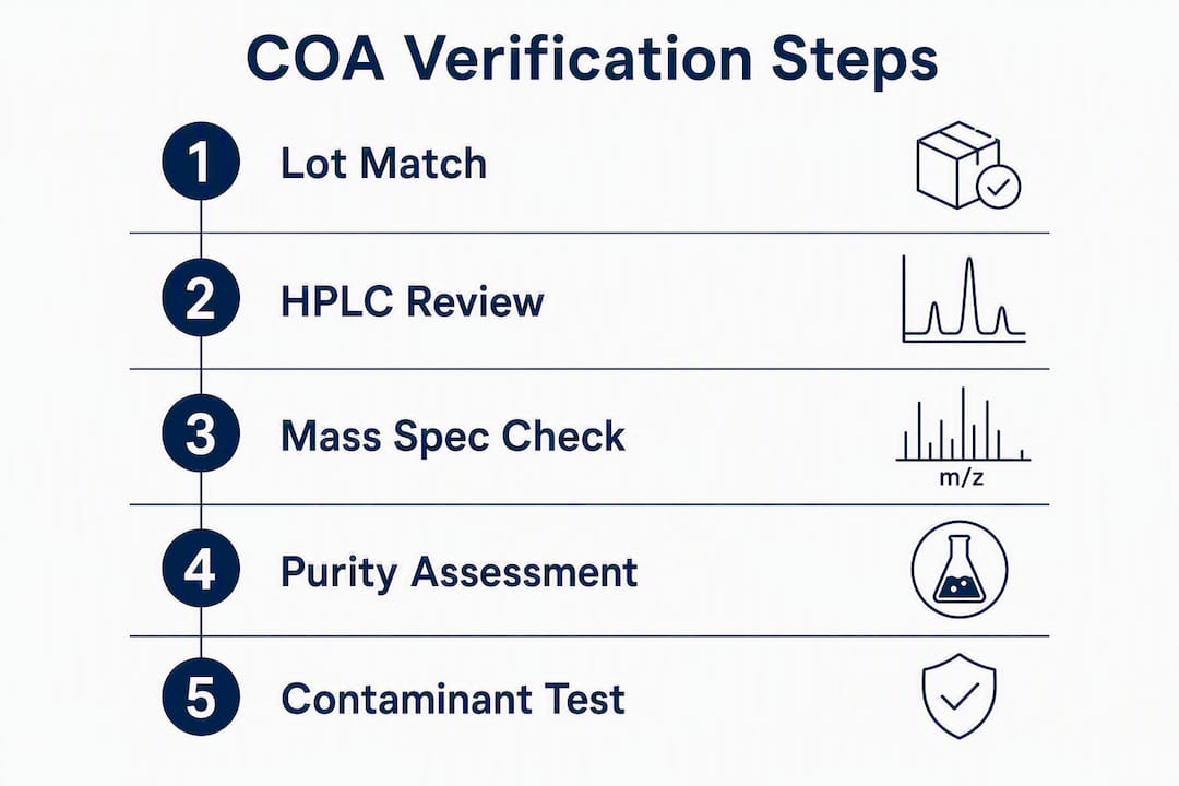 Infographic illustrating five steps of peptide COA verification