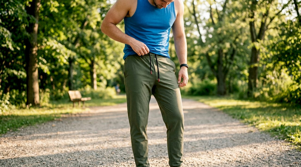 Hands adjusting jogger waistband drawcord