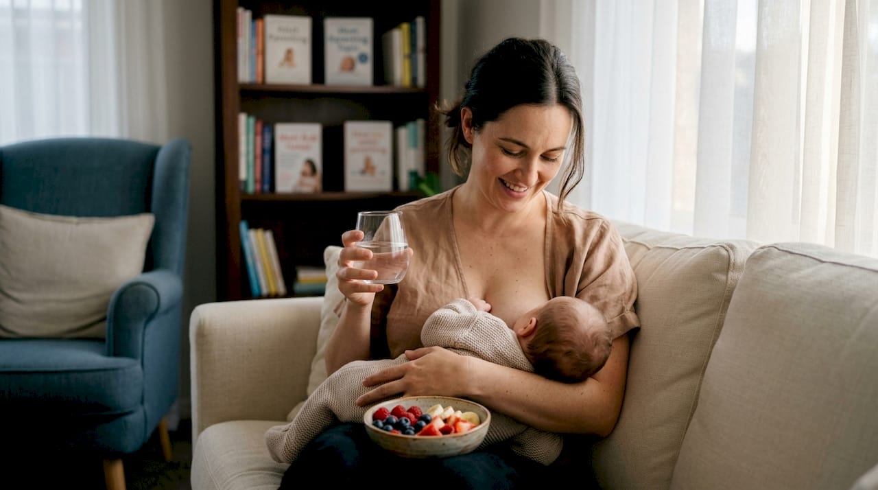 Hands holding water glass and healthy fruit bowl