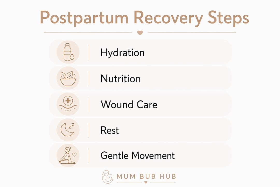 Infographic illustrating key postpartum recovery steps