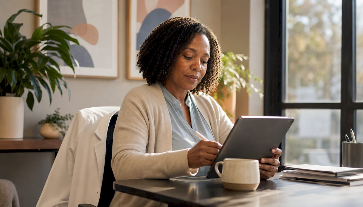 Healthcare professional reviewing perinatal mental health patient notes