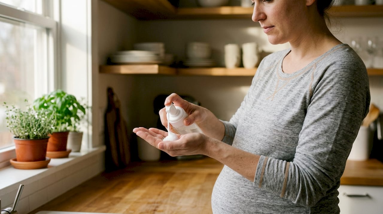 Hands dispensing gentle cleanser skincare product