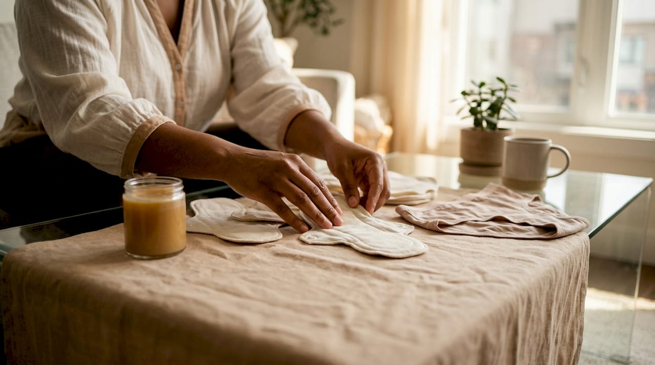 Hands feeling eco-friendly postpartum hygiene pads