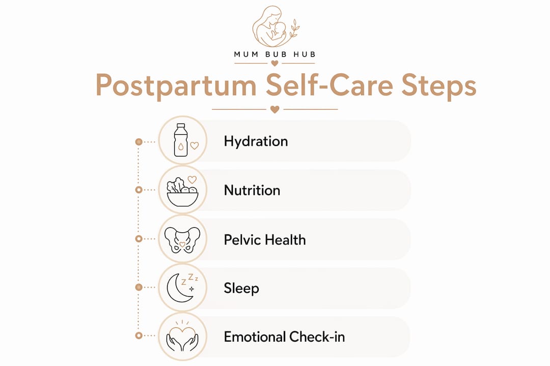 Infographic showing key postpartum self-care steps