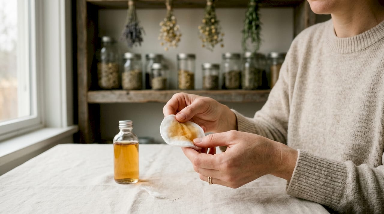 Hands holding witch hazel soaked pad