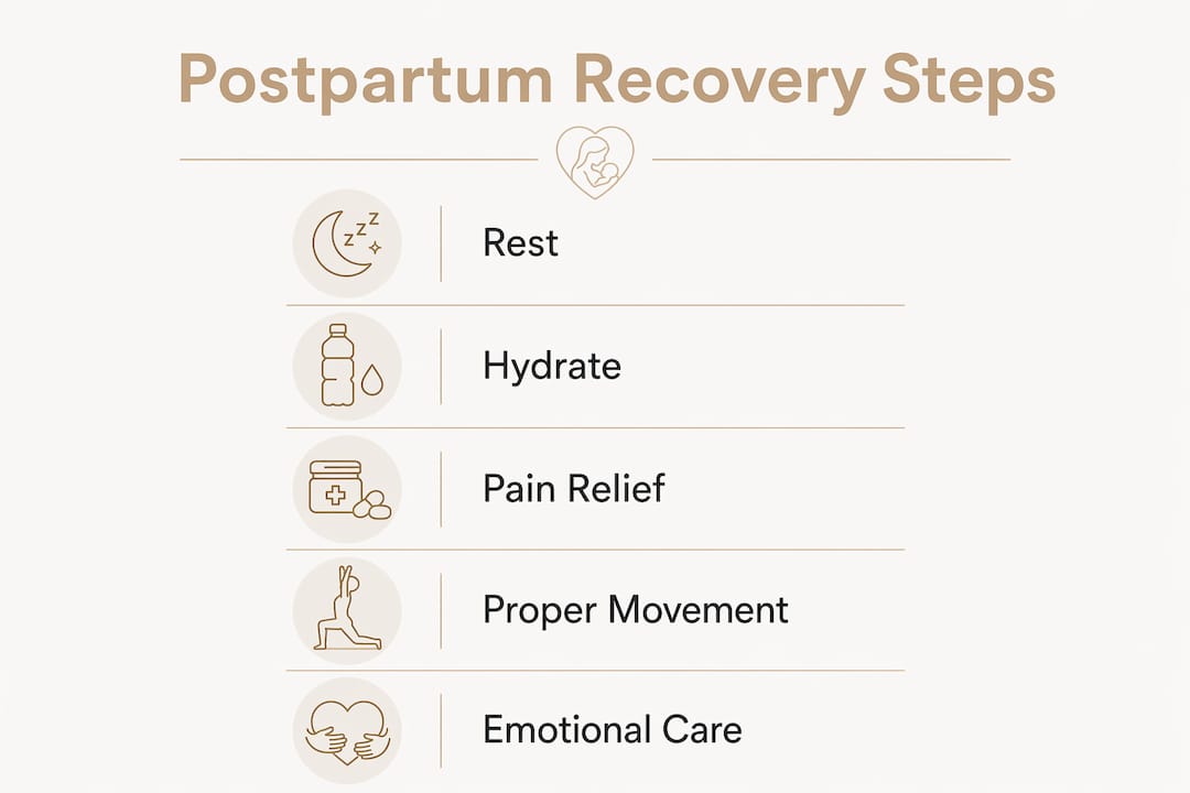 Infographic outlining key postpartum recovery steps