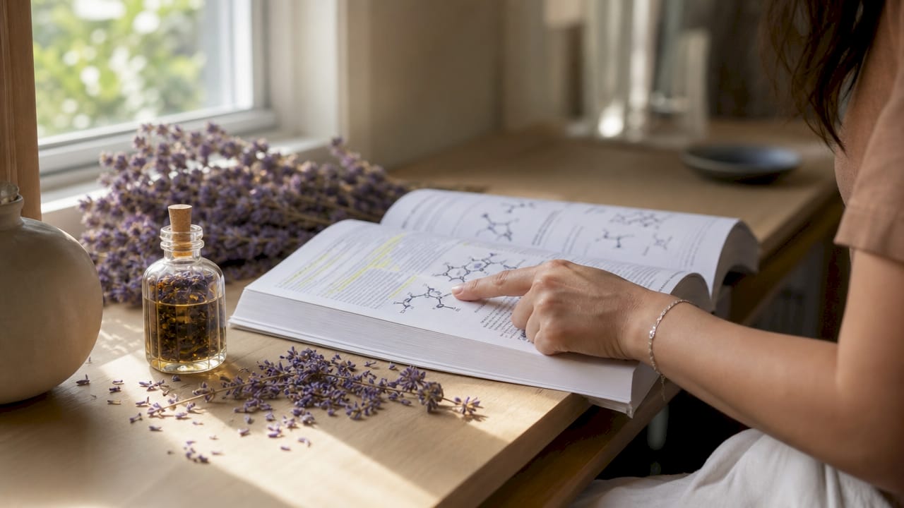 Lavender oil bottle with molecular diagrams and hand