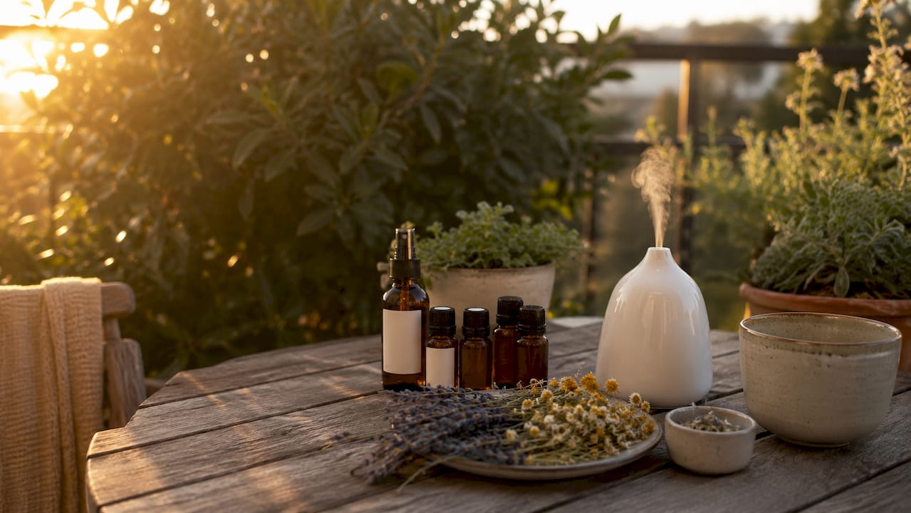 Essential oils and flowers in natural light