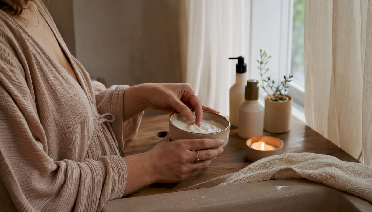 Hands engaging in postpartum gentle self-care skincare routine