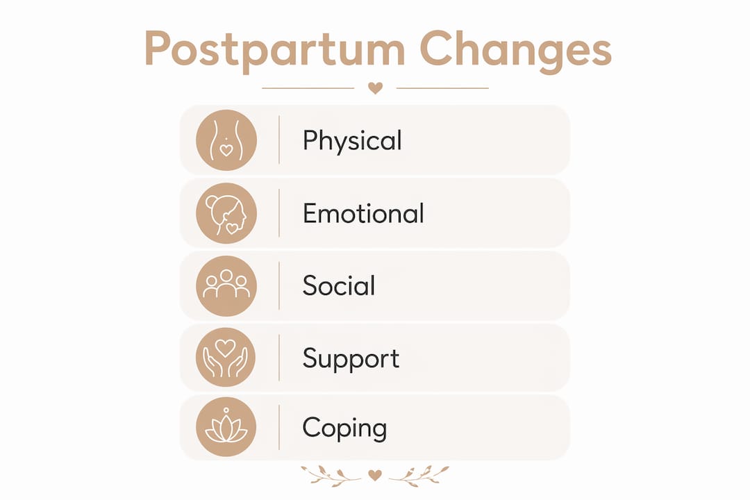 Infographic showing postpartum body image changes and coping steps