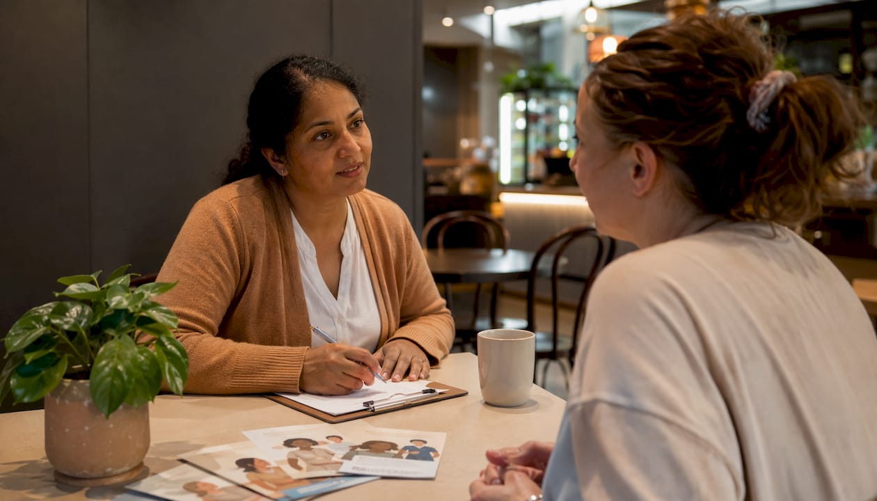 Midwife consulting new mother about mental health