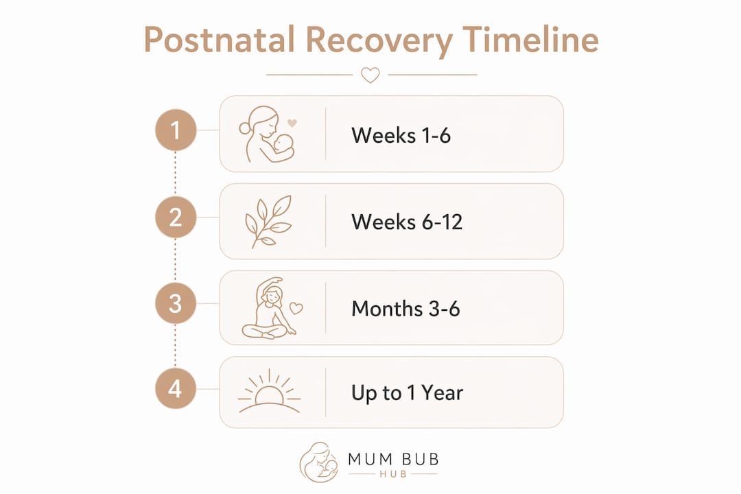 Infographic showing stages of postnatal recovery timeline