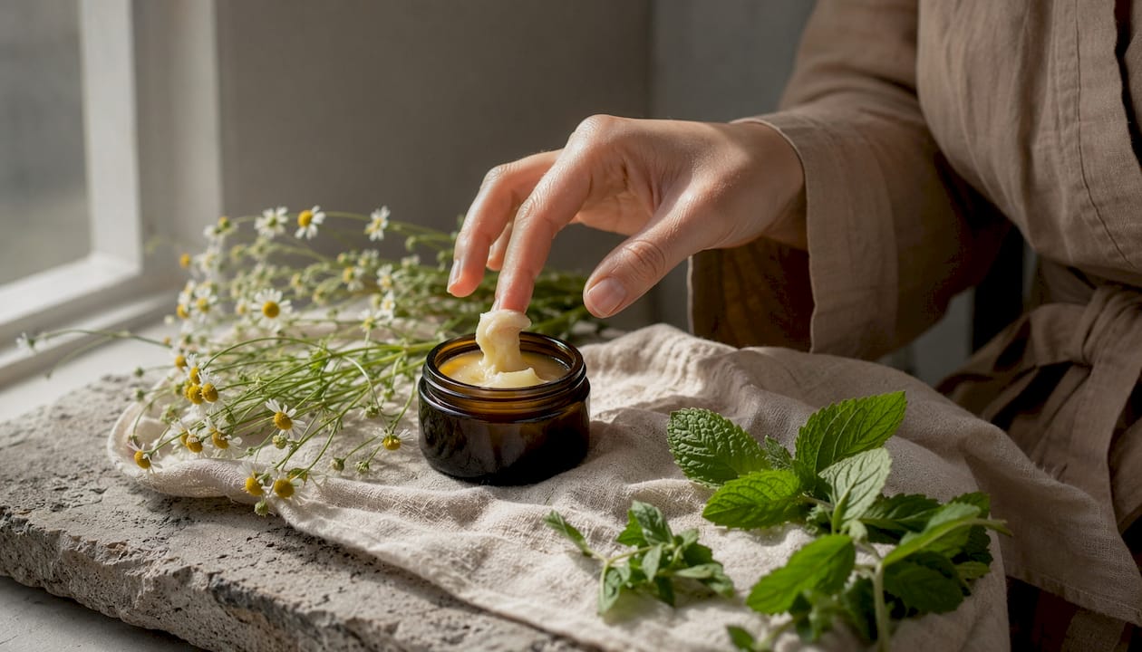 Hand scooping plant-based postpartum skin balm