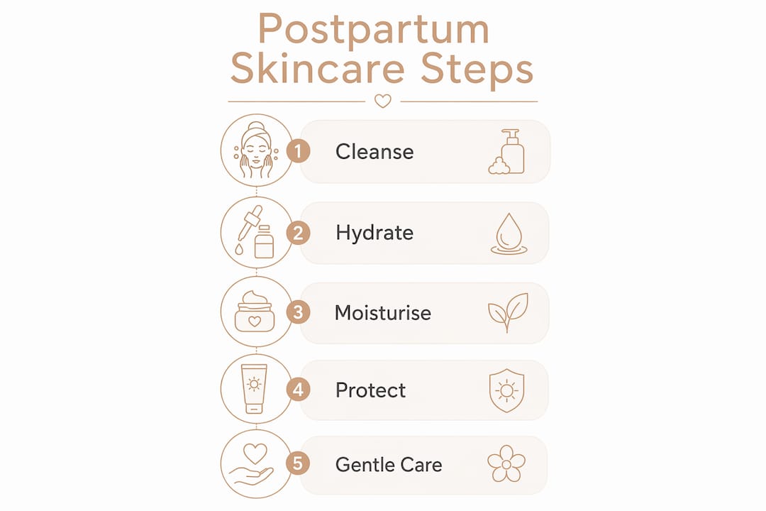 Infographic showing 5-step postpartum skincare routine