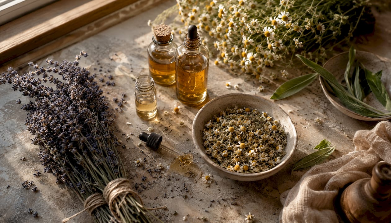 Ethically sourced natural botanical ingredients on table