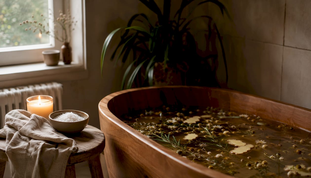 Herbal ingredients floating in warm bath water