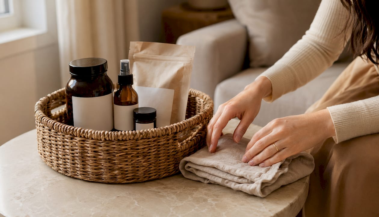 Overhead view of plant-based postpartum recovery kit items