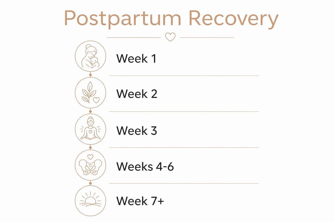 Infographic showing postpartum recovery timeline steps