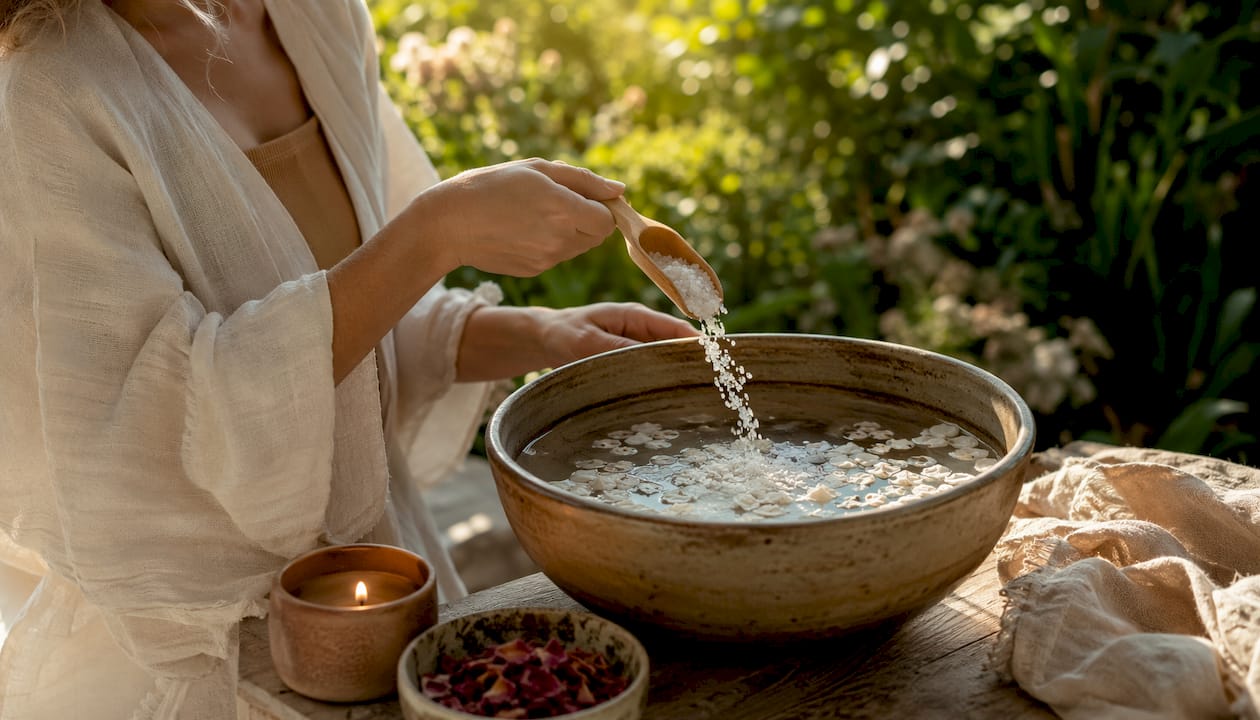 Hands preparing plant-based bath salts for relaxation ritual