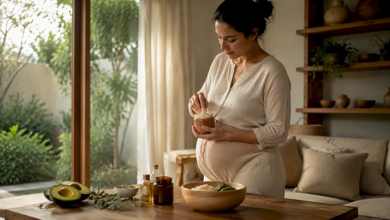 Pregnant woman scooping shea butter cream