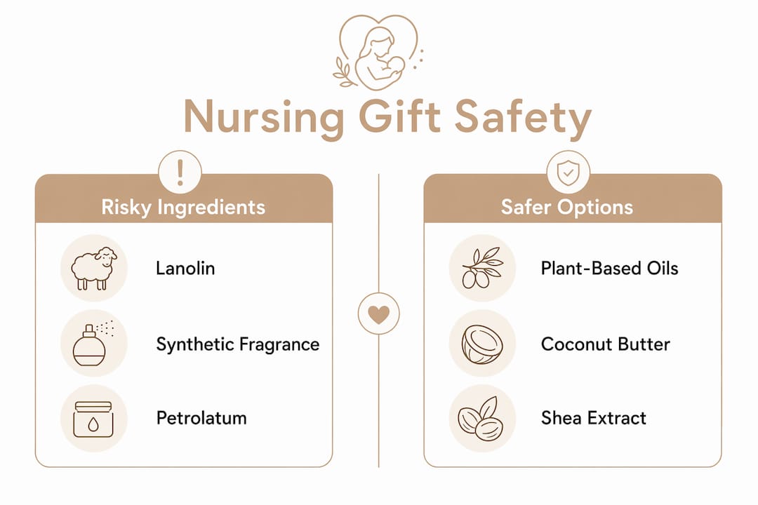 Infographic comparing risky and safe nursing gift ingredients