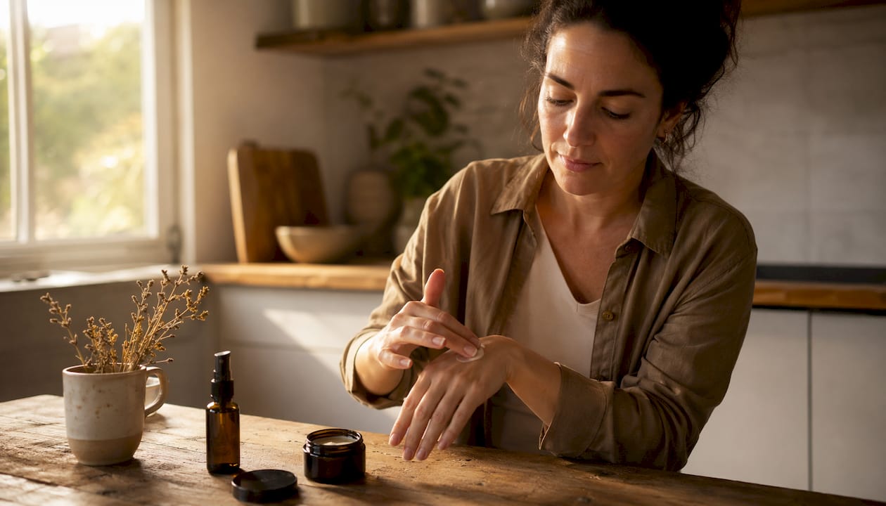 Woman demonstrating plant-based nursing balm application