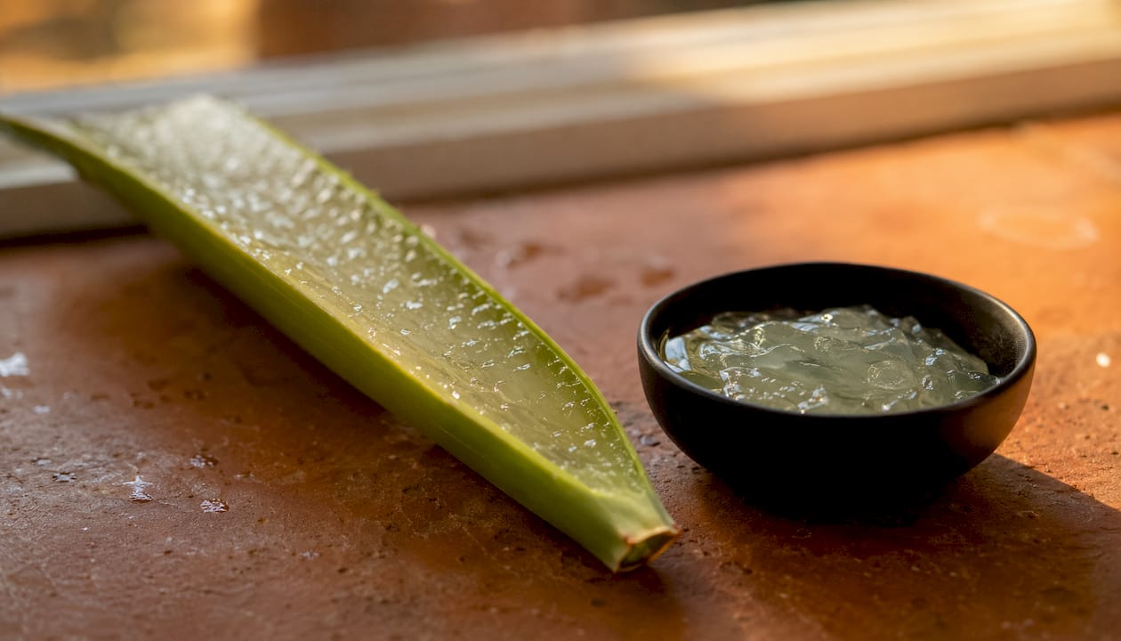 Close-up aloe leaf gel showing moisture droplets